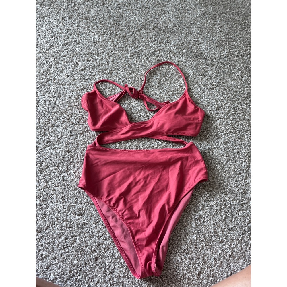 Aerie Rose Pink Cutout One Piece Swimsuit Wrap High Waist Look Size L